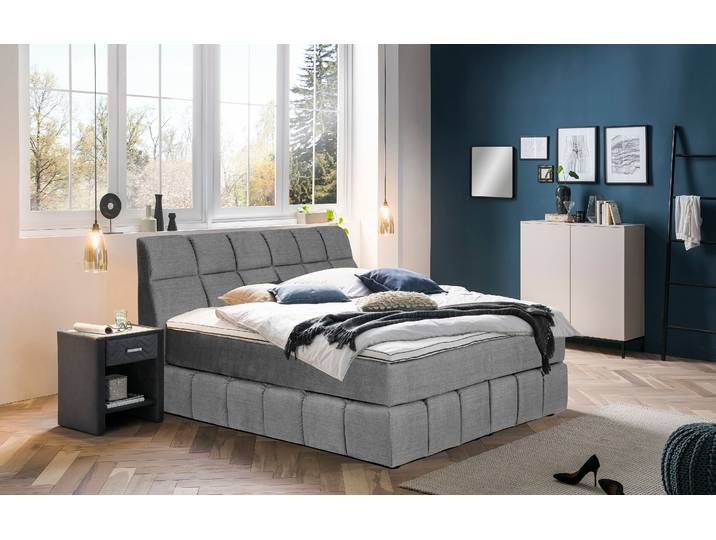Boxspringbett, Grau, 160x200 cm, Polyester, 7-Zonen-Federkern, Landhaus