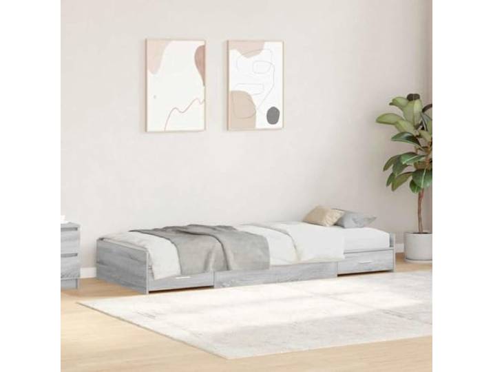 RJPLMFV Bettgestell, Grau, Sonoma, 98,5 x 200 cm, Holz Massives Kiefernholz, integrierte Schubladen, Kopfteil, modernes Design, einfache Pflege