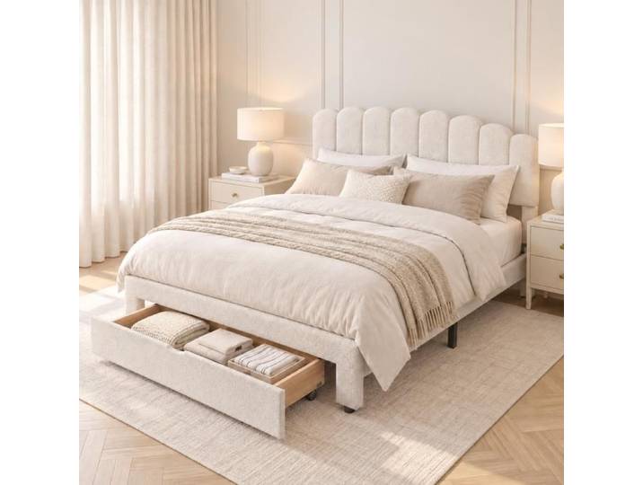 Lit 160x200 avec rangement HOFURNI avec sommier à lattes lit 2 places lit pour adultes/enfants Beige Teddy Velours