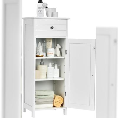 COSTWAY Badezimmerschrank, freistehender Bodenschrank mit verstellbarem Regal & Schublade, weiß