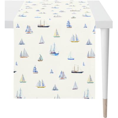 Tischläufer APELT "3911 OUTDOOR, Sommerdeko, Sommer", bunt (weiß, blau, bunt), B:48cm L:140cm, Polyacryl, Tischdecken, mit Schiff-Motiv im Digitaldruck