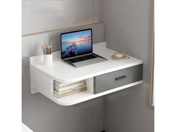 Labasuan Moderner schwebender Nachttisch, Wandtisch mit offenen Regalen und Schublade, platzsparender Schminktisch mit Wandregalen fürs Schlafzimmer(B- Right,60cm)