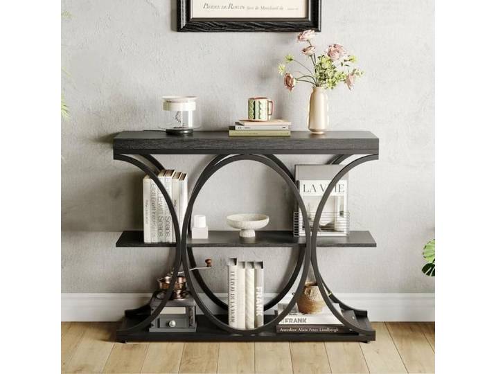 JoyGarden Table console industrielle à 3 niveaux structure métallique diamant plateau noir
