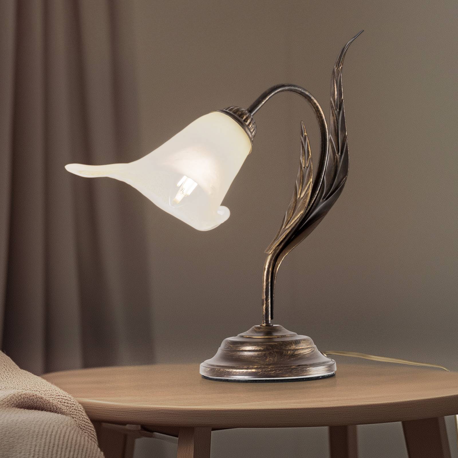 Tischleuchte Alga, 1-flammig, Eisen, Glas, Florentiner Alga ONLI, bronze / altmessing, für Wohn- / Esszimmer, Metall, Florentiner, Tischlampe