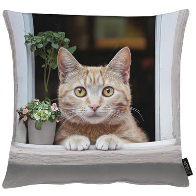 Dekokissen APELT "Mimi", braun (beige, grau, bedruckt), B:46cm H:0,5cm L:46cm, Baumwolle, Polyester, Dekokissen_Sitzkissen_Kissenhüllen, Lieblingskatze