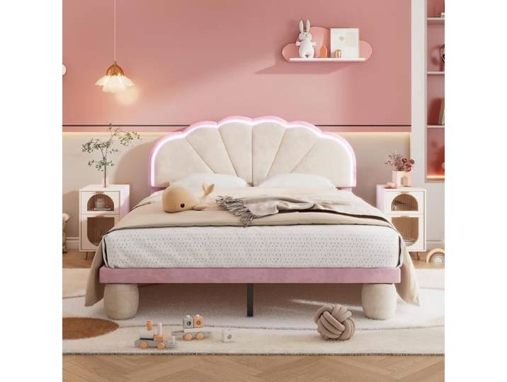 Lit double - LEYTN - 140x200 cm - Velours rose - Tête de lit lumineuse - 2 places