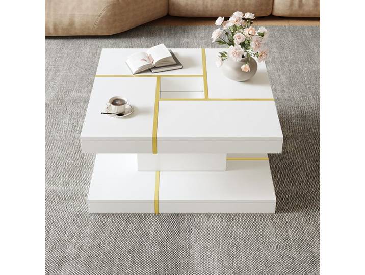 Table basse carrée blanche à 2 niveaux avec détails en métal doré 80x80x38 cm