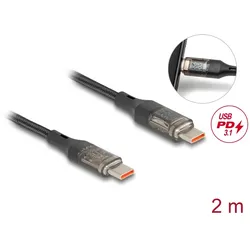 Delock USB 2.0 Daten- und Schnellladekabel USB Type-C™ Stecker zu Stecker PD 3.0 100 W mit Leistungsanzeige transparent 2 m