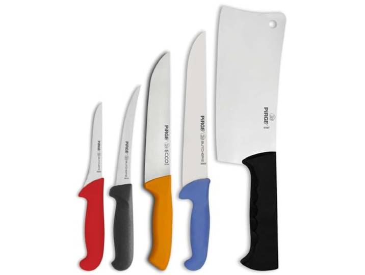 Pirge Metzgermesser Set 5 TLG Schlachtermesser - Fleischermesser - Stechmesser - Exzellenter Schärfe Ausbeinmesser - Hackmesser - Edelstahl Profi Küchenmesser - Ergonomisches Kunststoff Griffdesign