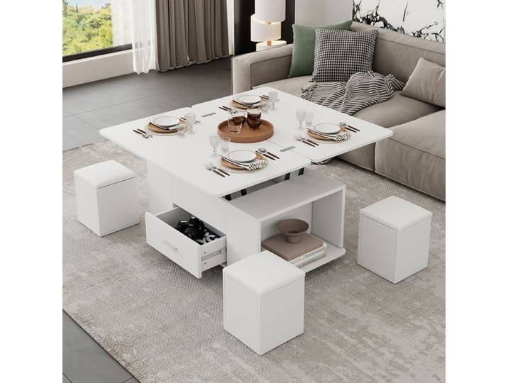 Table basse Réglable 4 en 1 transformable 4 tabourets Blanc