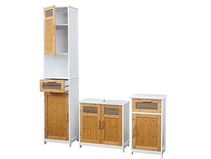 Mendler Badezimmerset HWC-A85, Hochschrank + Kommode, Bambus, weiß Badmöbel, Hochschrank, Waschbeckenunterschank, Kommode