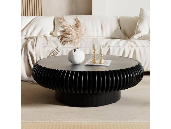 WUPDPQS Runder Couchtisch, Schwarz, 100cm Für Wohnzimmer, Holz Geriffelter, Trommelform, Mid-Century-Stil, Niedriger Kaffetisch, Für Kleine Räume