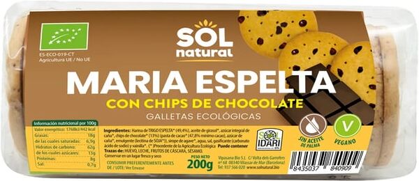 Sol Natural Bolacha Maria de Espelta com Chips de Chocolate Bio 200g Chocolate