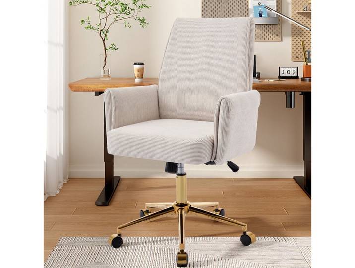 BBG Drehstuhl Höhenverstellbarer Bürostuhl mit Armlehnen, Cord-Bezug & Goldfuß (1 St), Ergonomischer Drehstuhl mit Rollen, weiche Polsterung