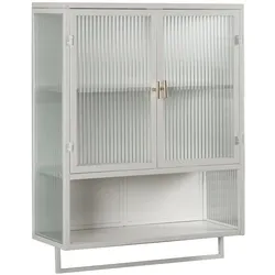 MODFU Wandschrank 60x23x78 cm mit Glastüren offenes Fach Handtuchhalter Weiß Metall+Hartglas, modernes minimalistisches Design für Bad Flur
