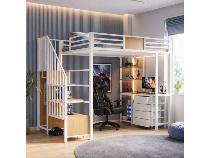 Lit Mezzanine 90x200 avec bureau- Lit Enfant Adulte Ado Escalier de Sécurité avec Rangement penderie éclairage LED