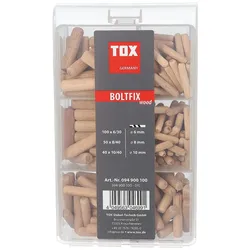Holzdübel TOX Sortiment 190-teilig Boltfix wood 100x 6x30 mm, 50x 8x40 mm, 40x 10x40 mm, Riffeldübel aus massiver Buche