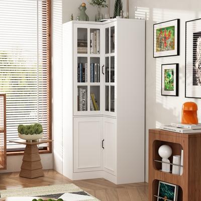 Timechee White 4-Door Croner Cabinet with 5 Shelves, Bookshelf