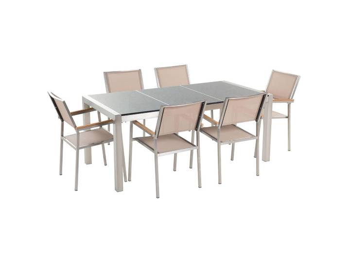Beliani Gartenmöbel SET 6-Sitzer Granit grau poliert Textilbespannung beige Grosseto, Beige, Grau, Silberfarben, Metall, Gartenmöbel, Gartengarnituren, Gartenmöbel-Sets