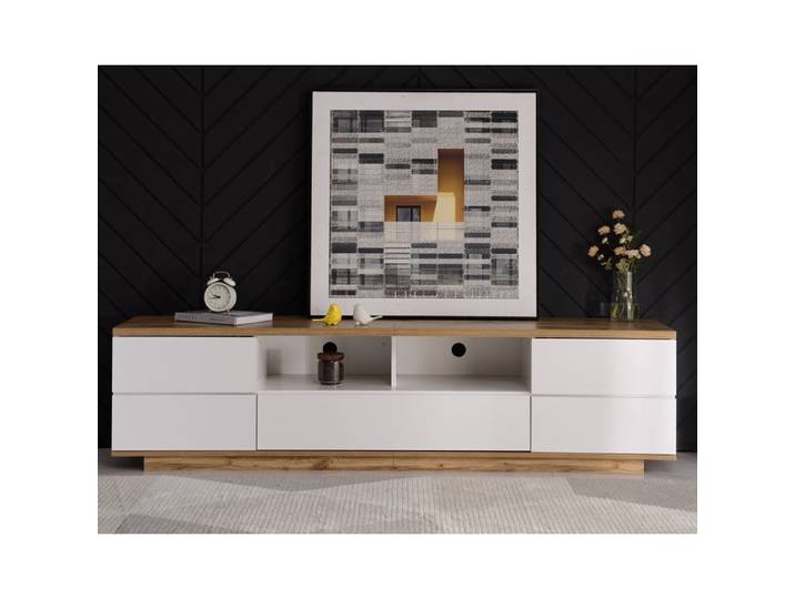 Meuble TV moderne - 180x38x46 cm - Blanc et bois - MDF haute qualité - Design grille