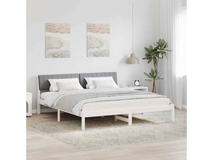 RJPLMFV Bettgestell, Kiefernholz, massiv, 180 x 200 cm, Weiß / Grau Kopfteil aus Polyester, Wandmontage, Lattenrost, modernes Design, einfache Pflege