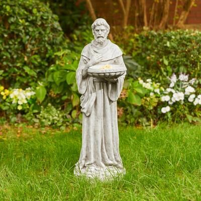 Glitzhome Vintage MgO Saint Francis Garden Statue Sculpture with Birdfeeder Feeding Animals
