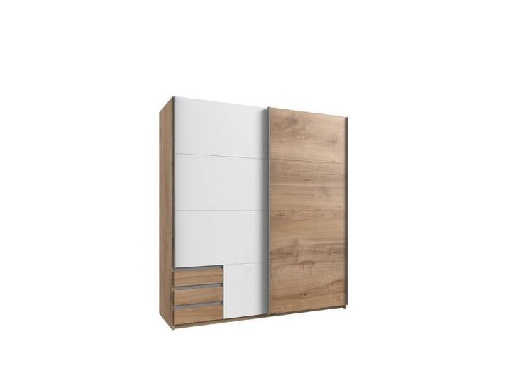 luma-home Schwebetürenschrank 22691 (B179/H198/T65 cm, Kleiderschrank 2-türig mit viel Ausstattung, alufarbige Griffleisten) in Eiche Dekor mit sichtbaren Außenschubladen, eine Tür in Weiß