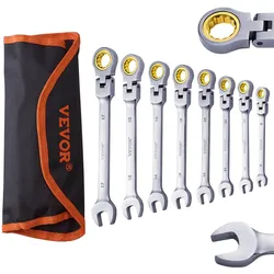 VEVOR Flexhead-Ratschenschlüsselsat  8-teiliger Ringmaulschlüsselsatz mit Rolltasche, Cr-V-Stahl flexibler Ratschenschlüsselsatz metrisch 8 mm bis 17 mm, ideal für Haushalts- und Autoreparaturen