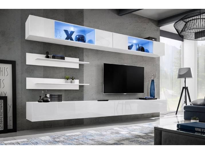 ASM-Moebel Wohnwand Wohnwand FLY I3 Hochglanz Push-Click System und Led Beleuchtung, Led Beleuchtung, Push-Click System und Hochglanzfronten