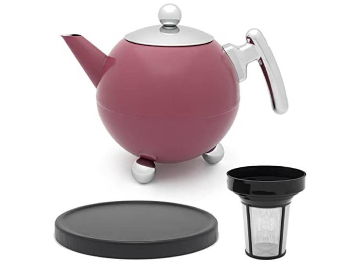 Bredemeijer große doppelwandige Teekanne 1.2 Liter - rosa Edelstahl Kanne & Tee-Filter-Sieb-Aufsatz & schwarzer Holzuntersetzer - ideal für losen Tee