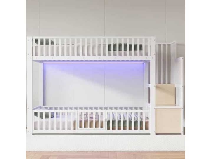 DRLXUN Metallbett Etagenbett 90x200 mit LED-Licht & Leiter & Stauraum, Weiß Multifunktionales Kinderbett Etagenbett 90x200 mit LED-Beleuchtung, Leiter, Stauraum und Rausfallschutz, Ohne Matratze