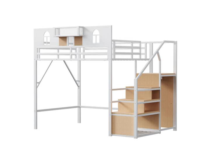 ComfortXL Hochbett 140/200 cm De-01462, in Weiß, mit Stauraumleiter, Ablage und erhöhter Umzäunung, Metall, 90x200 cm, Babymöbel & Kindermöbel, Kinderzimmer & Jugendzimmer, Kinderbetten, Hochbetten