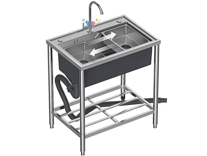 ZQFHSX Gewerbliches Spülbecken, freistehendes Einzelbecken-Waschbecken mit Armatur und Ablageflächen, stabil und langlebig, für Wäsche, Camping und Outdoor-Aktivitäten