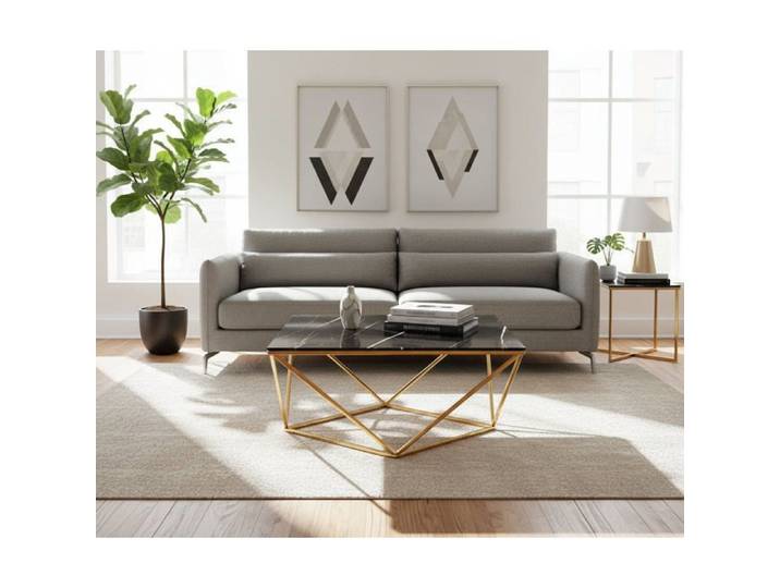 Table Basse ALINA Carrée Plateau Verre Trempé Marbré Noir Pieds Gold 80x80x45cm