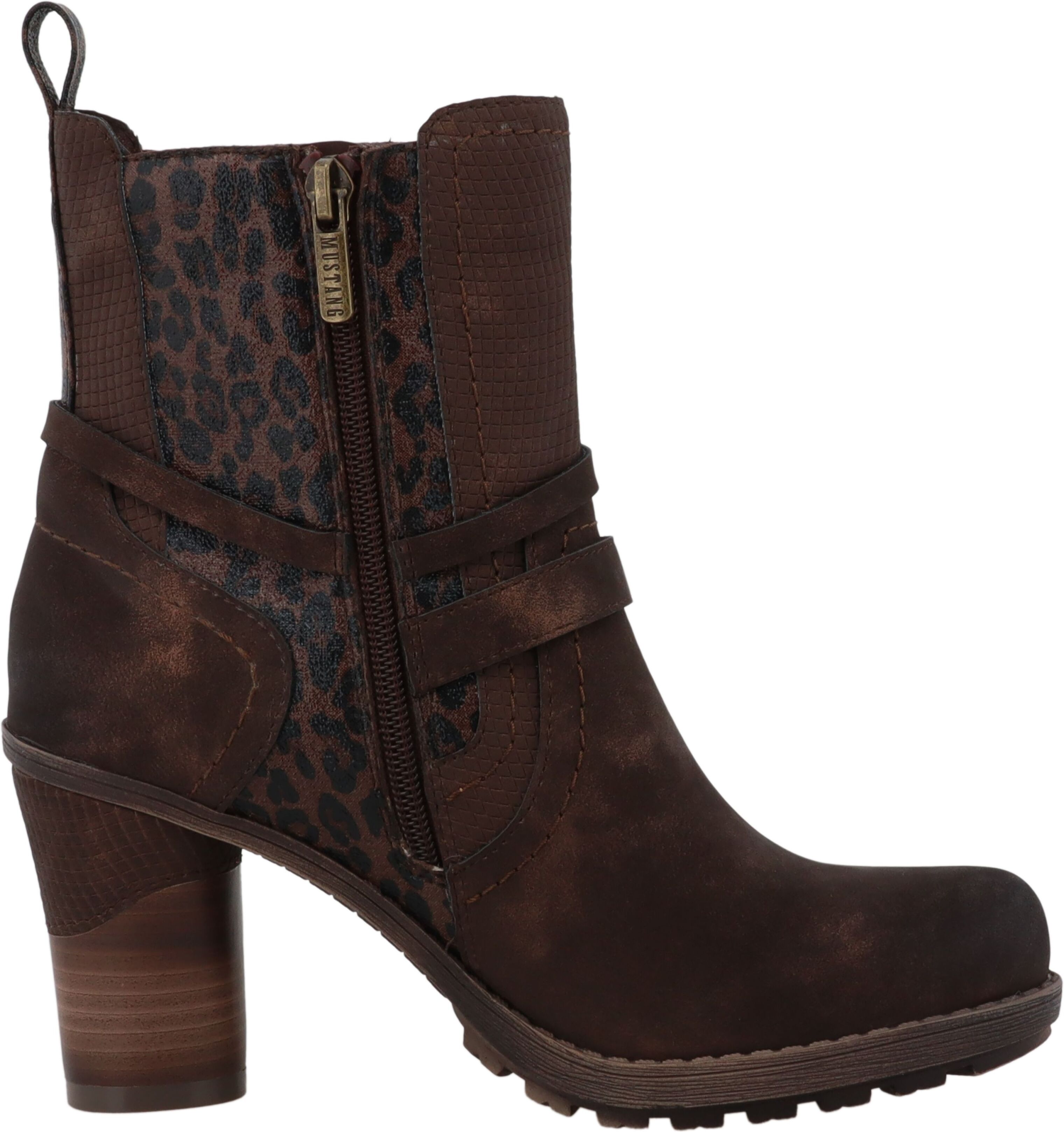 Stiefelette MUSTANG SHOES "Mode-Stiefel", Damen, Gr. 37, wärmend, braun (dunkelbraun), Lederimitat, Textil, Schuhe Stiefelette, Blockabsatz, Boots mit Kontrastbesätzen und Zierriemen