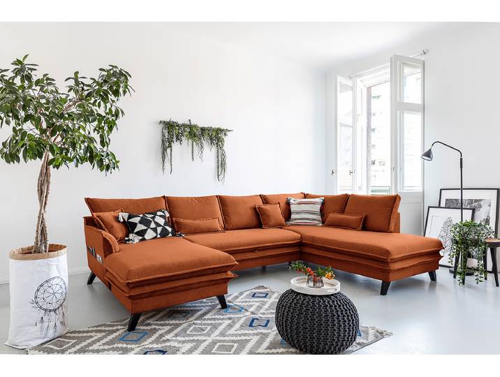 Wohnlandschaft mit Schlaffunktion 300 x 88 x 200cm Rot/Braun Longchair davorstehend links / Ottomane rechts Microfaser Enzo: Rost