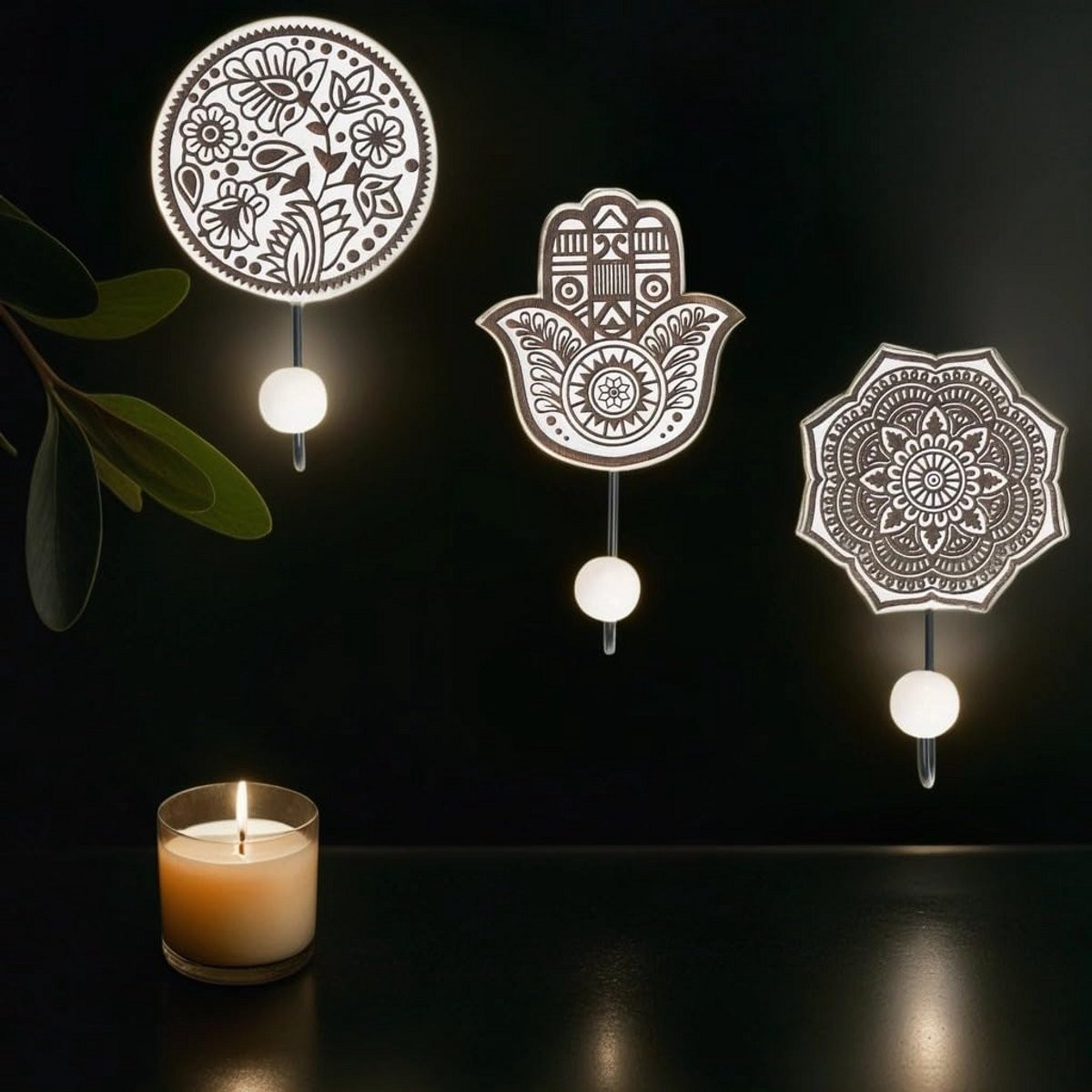 Set van 3 houten en metalen wandhaken in boho stijl