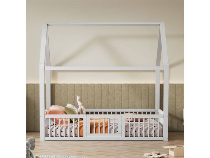 Lit en bois massif 140*200cm lit double lit plat lit cabane lit cabane avec porte blanc