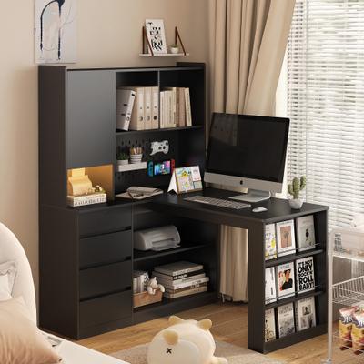Hawthorne L-Shaped Computer Desk Particle Board with Charging Station, LED Lighting, Storage Drawers and Bookshelf by GDFStudio