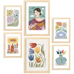 POSTER Set Mit 6 Drucken Garten In Ethnischendruckkollektionen Dekorative Rahmen Für Ihr Zuhause Wandkunstdruck A3 & A4 Rahmen Aus Hellem Holz