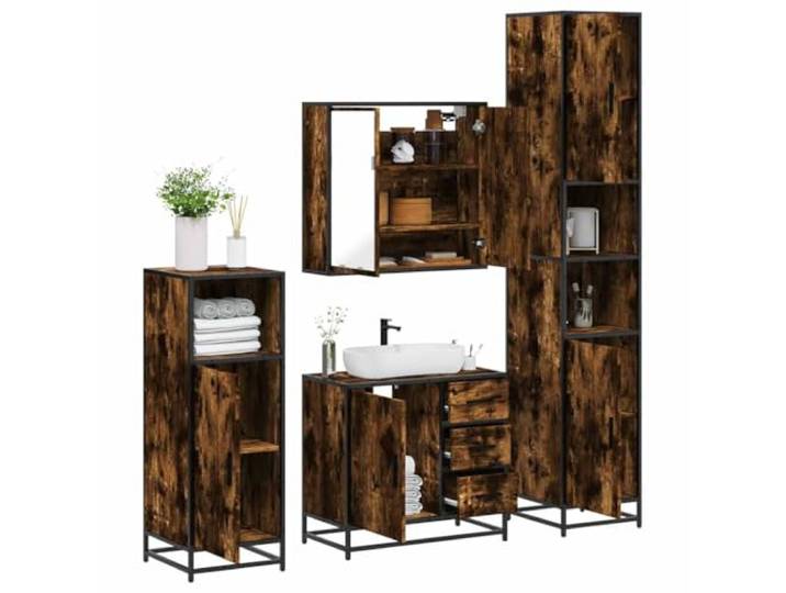 ZQQLVOO 4-TLG. Badmöbel-Set Räuchereiche Holzwerkstoff Metallgestell, Lowboard, Spiegelschrank, Wandmontage, Waschbeckenunterschrank, Stauraum, industrielle Optik