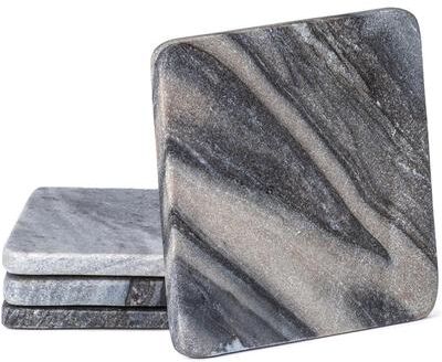 CounterArt 4 Pack Natural Marble Square Coasters with Protective Cork Backing, Elegant, Luxourious, Easily Wipes Clean