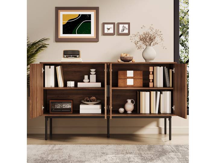 Buffet 140x40x80 Cm Naturel En Mdf Avec 4 Portes Effet Rotin Et Piètement En Acier