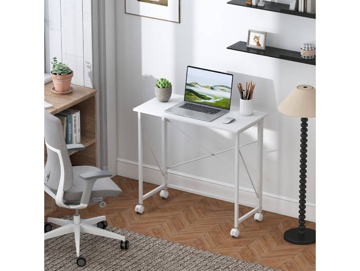 Bureau pliant table d'ordinateur 80 x 40 cm sur roulettes blanc