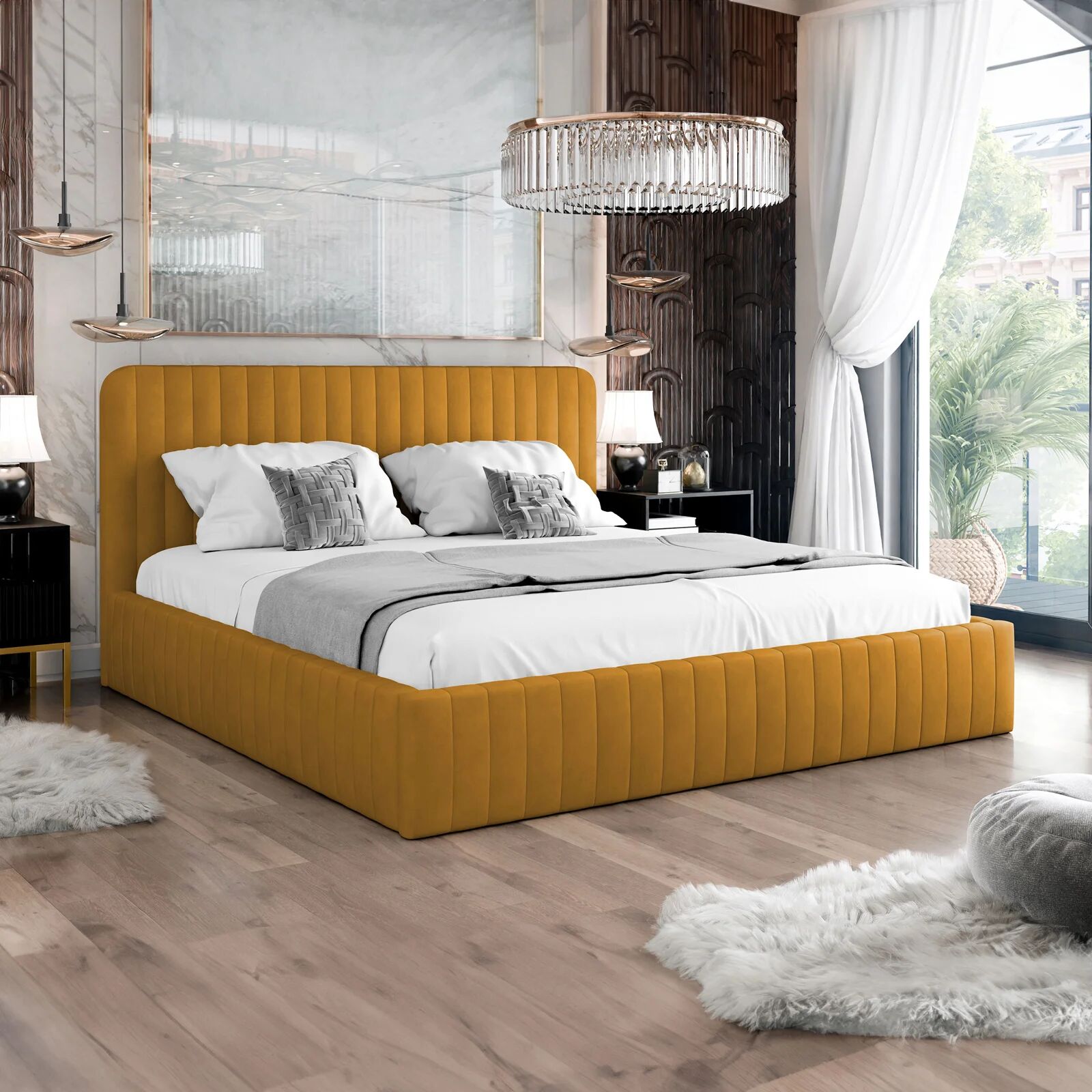 garneroarredamenti Letto contenitore matrimoniale 160x200 imbottito velluto senape Poffi