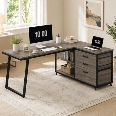 "53"" Reversible L-Shaped Computer Desk With 3 Drawers & Shelves"