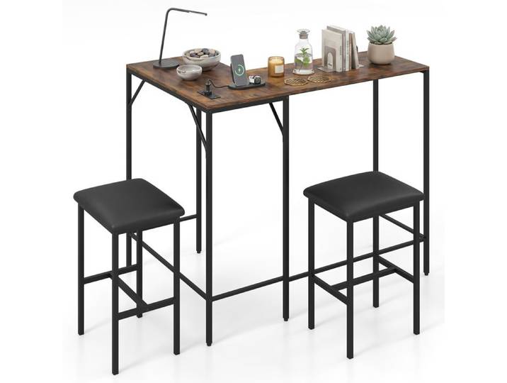 COSTWAY Table de Bar Modulable 2 Configurations Ensemble avec 2 Tabourets et Multiprise Européenne Style Industriel pour Cuisine