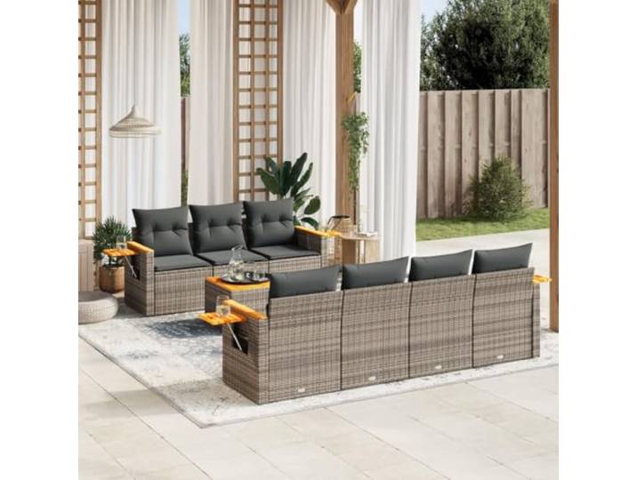 KTHLBRH Gartenmöbel-Set 8-teilig mit grauen Kissen aus Polyrattan Sessel und Couchtisch Akazie, waschbare Bezüge, modulares Design für Terrasse