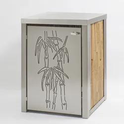 BambusBASIS Mülltonnenbox Dach/Pflanzbeet + Tür(en) mit Bambusmotiv, 1x 240l Tonne, V2A, Bambus hell