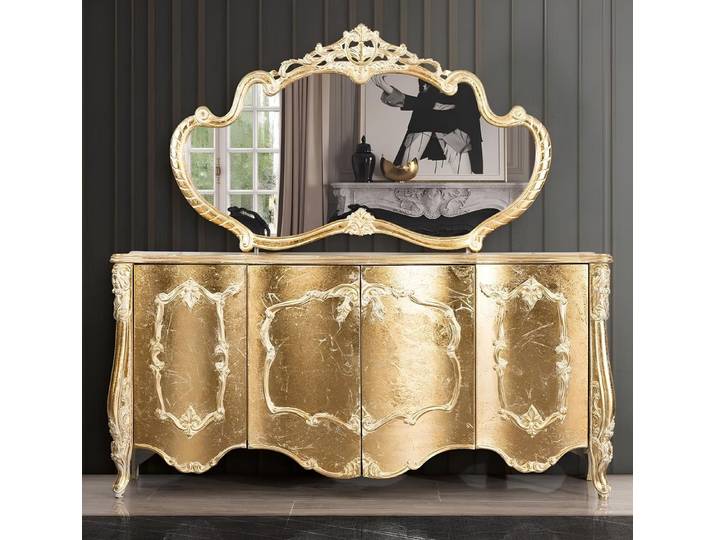 Xlmoebel Sideboard Elegante Anrichte in Gold mit Spiegel und luxuriösen Details (Anrichte + Spiegel, 2 St., Anrichte + Spiegel), Hergestellt in Europa